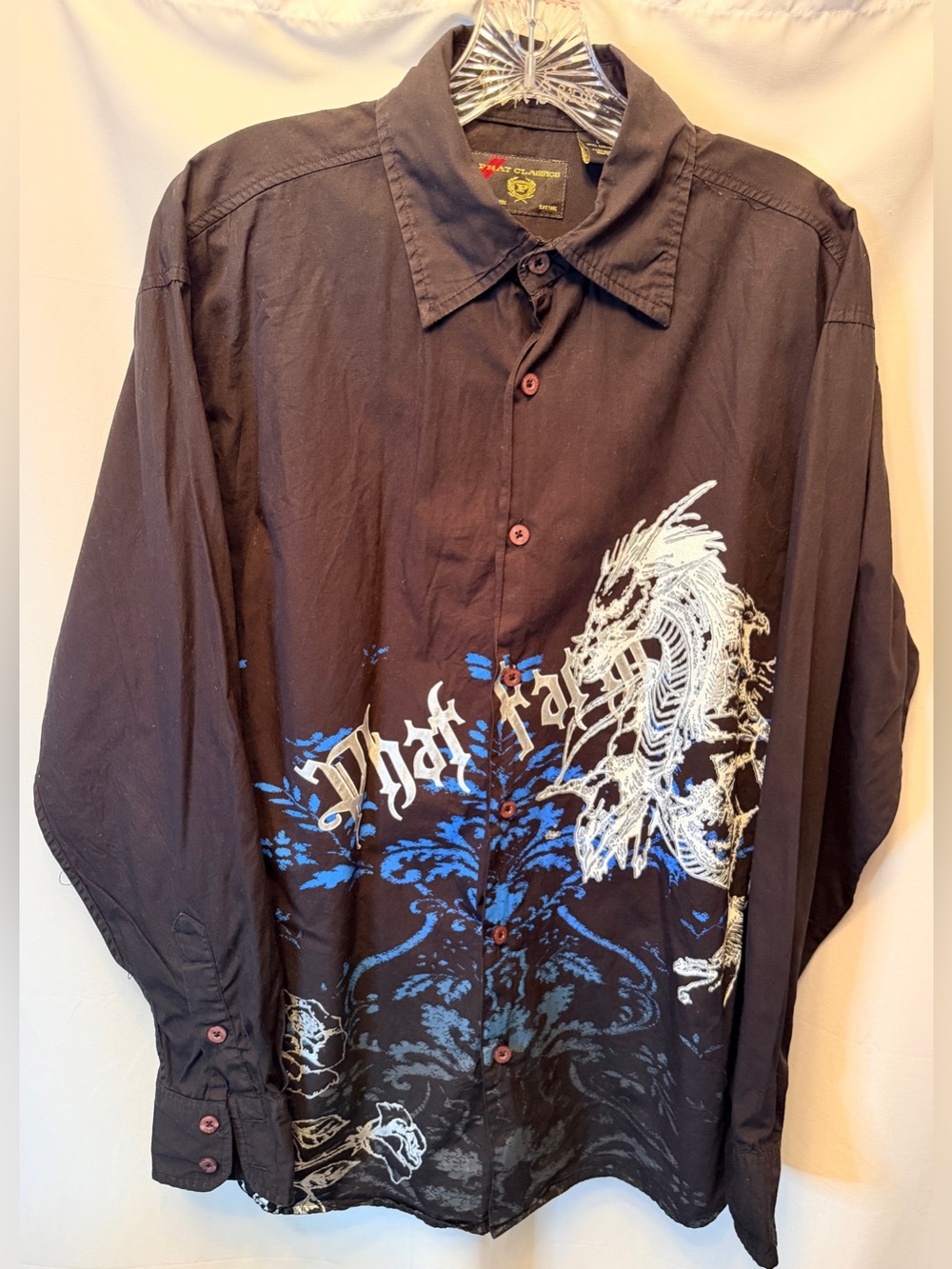 VTG Phat Farm Men’s Size Large Long Sleeve Black Button Down Dragon Print Shirt